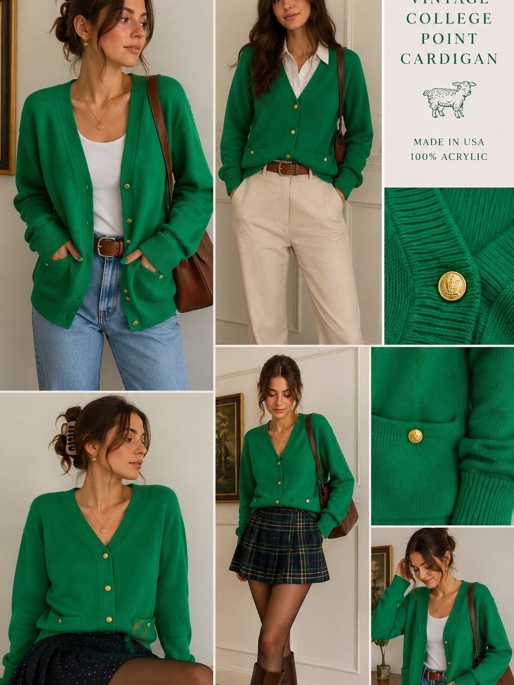 Vintage College Point Green V-Neck Cardigan Sweater Size Medium Preppy Classic - Picture 1 of 4